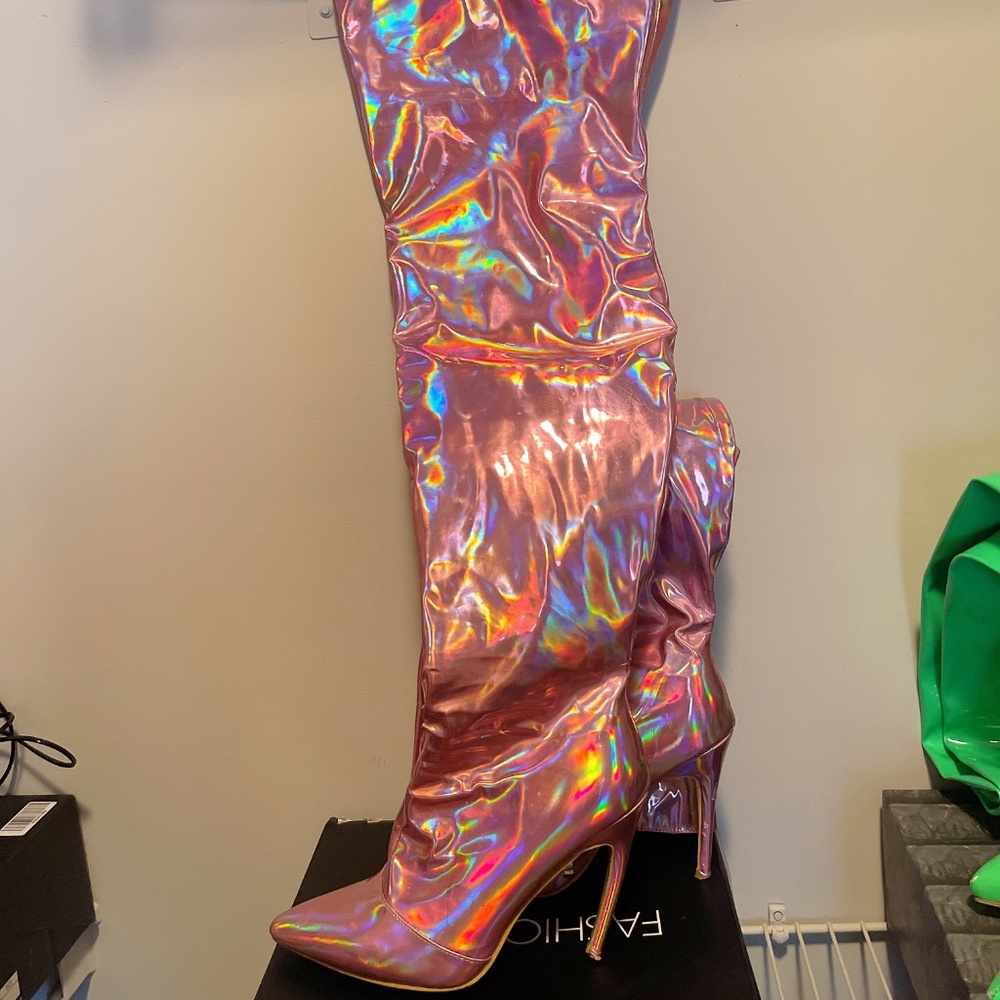 Holographic Pink Thigh High Boots
